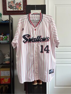 Tokyo Swallows #14 Men's Baseball Jersey - White Red Stripe